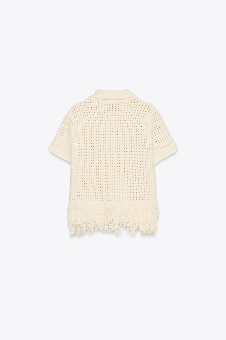 GILET EN MAILLE QUADRILLÉ À FRANGES