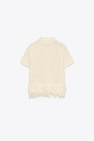 GILET EN MAILLE QUADRILLÉ À FRANGES