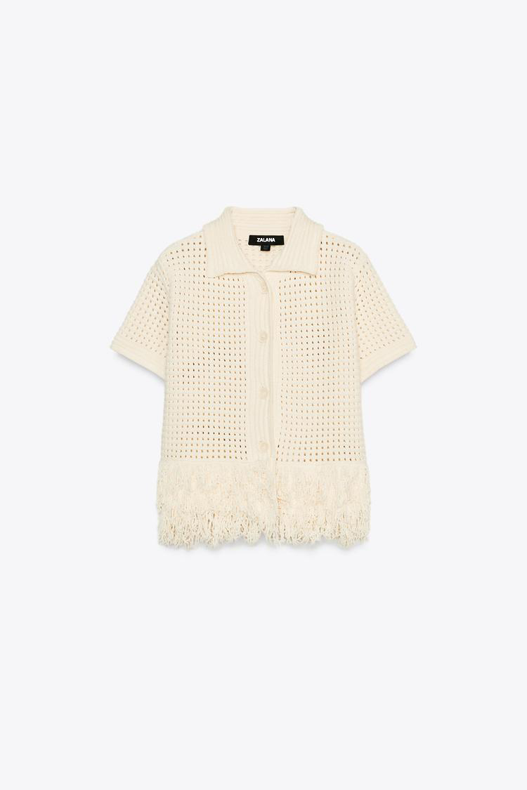 GILET EN MAILLE QUADRILLÉ À FRANGES